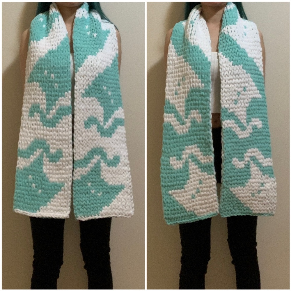 Handknit Turquoise White Kitty Cat Chunky Chenille Knit Scarf Handmade Gift